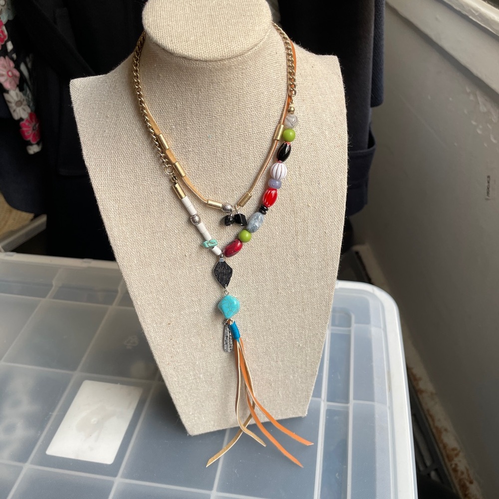 Colorful Beaded Lariat Layered Necklace with Turquoise & Silver Charms